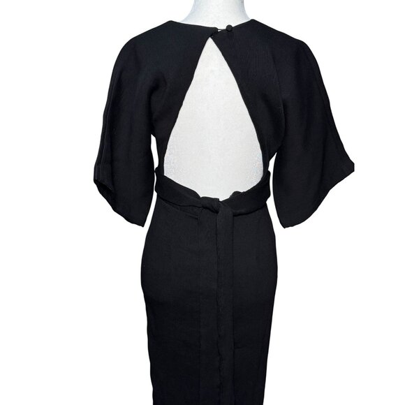 NEW Black Ribbed Midi Elegant 2 Cut out Open Back V-Neck Party Style Dress - Picture 4 of 15